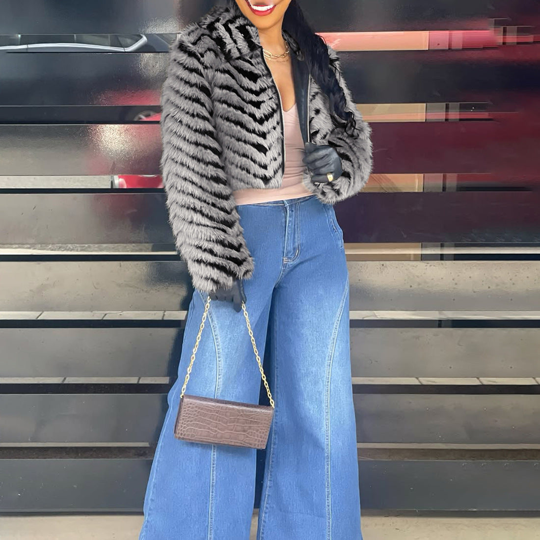 Women Autumn Elegant Turndown Collar Furry Coat 5