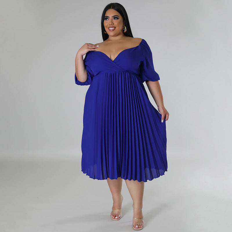 Women's V Neck Hem Pleated Short Sleeves Plus Size Dress