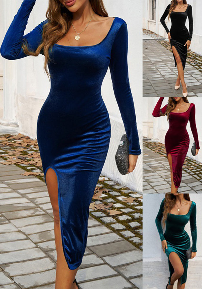 Women's Autumn Winter Elegant Sexy Solid Color U-Neck Slit Dress