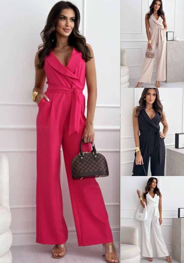 Career V-Neck Sleeveless Belt Slim Waist Jumpsuit
