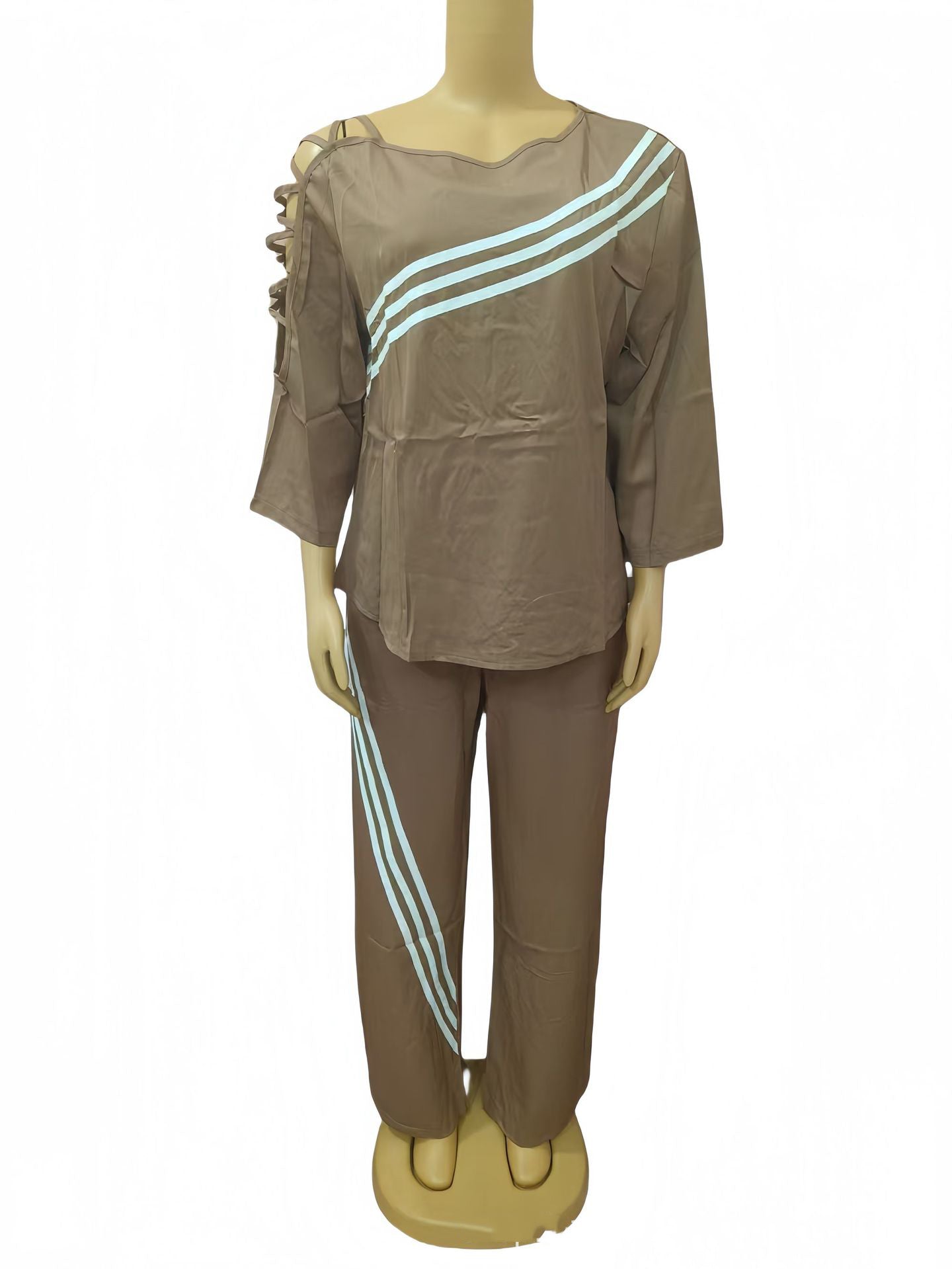 Women Twill color matching Casual Top and trousers Two Piece Set 3