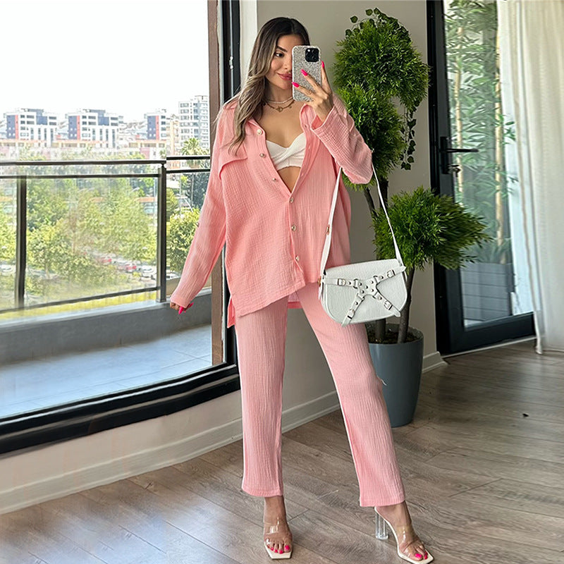 Women autumn loose long-sleeved shirt and trousers Casual two-piece set 6