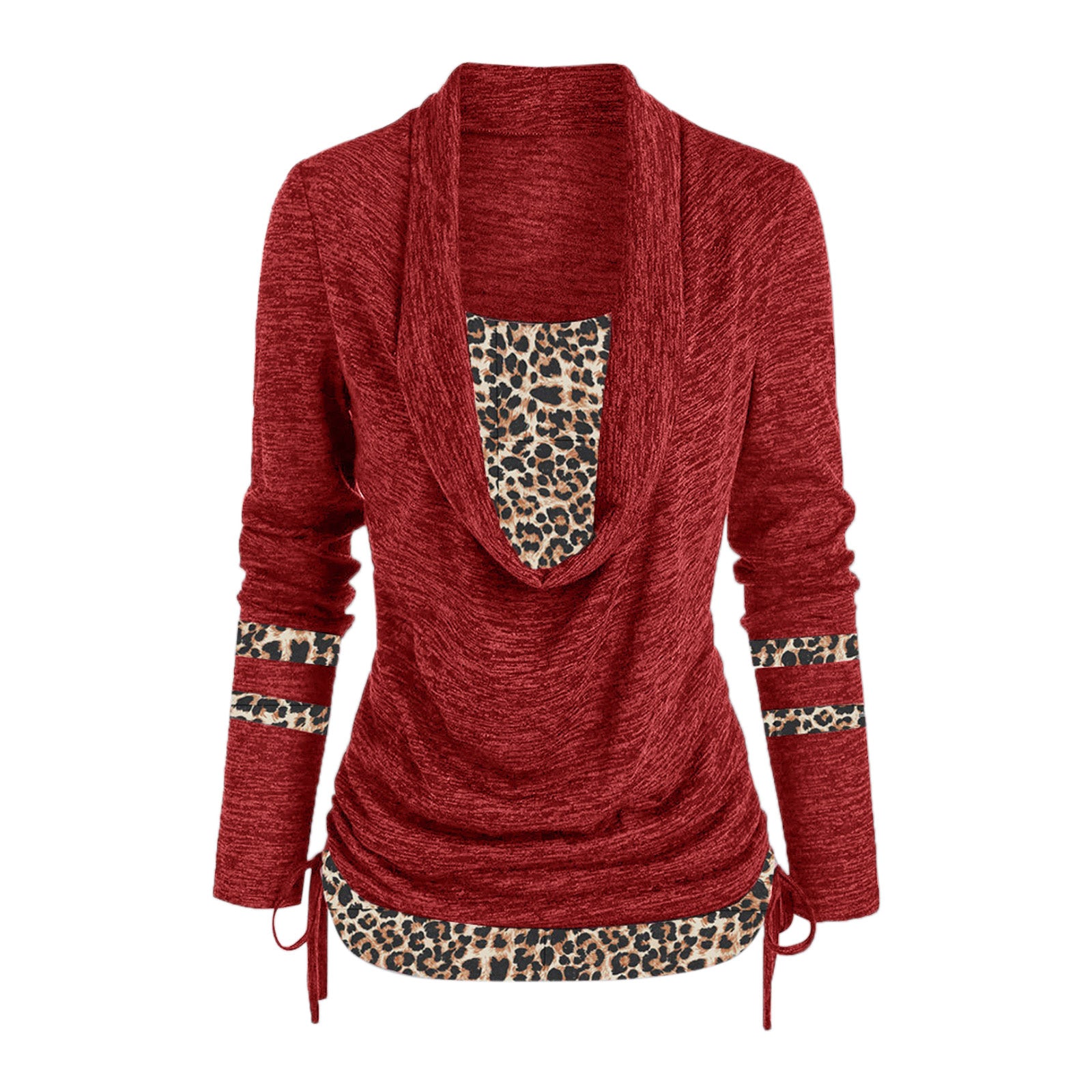 Women Leopard Patchwork Long Sleeve Loose Pleated Top 13