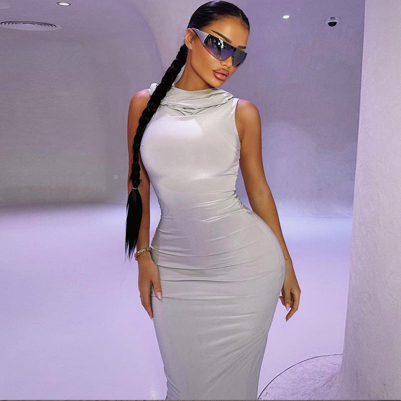 Summer Ladies Solid Color Hooded Sleeveless Bodycon Slit Dress Women