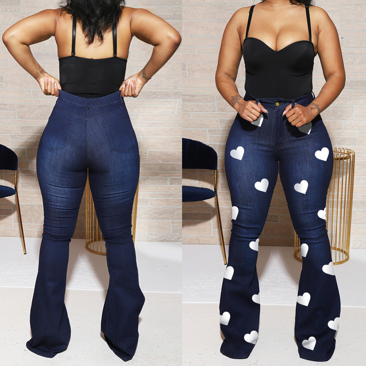 Women's Heart Printed High Waist Women's Bootcut Denim Trousers 6