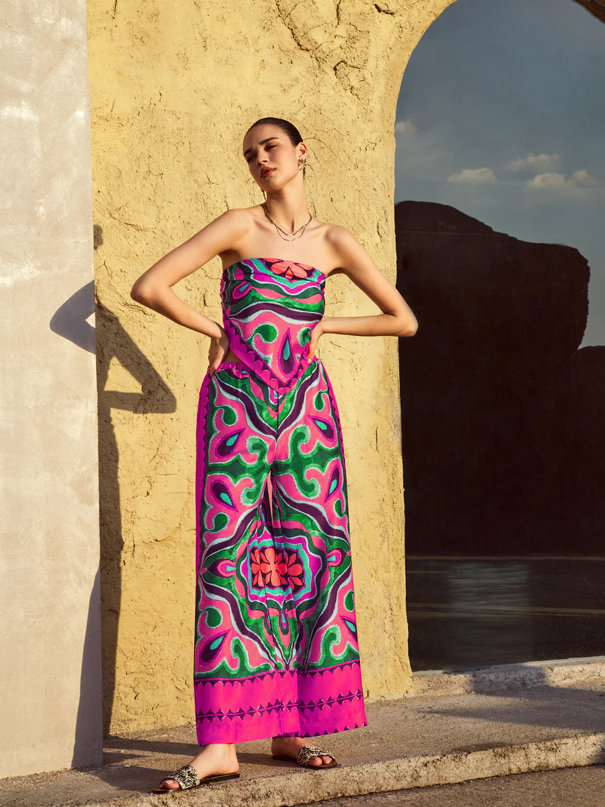 Women's Printed Strapless Wide Leg Pant Two-Piece Set 10