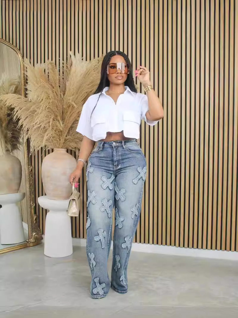 Spring Summer Women's Short Sleeve Solid Color Short Sleeve Crop Shirt