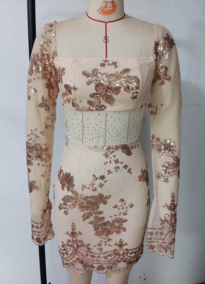 Women Sexy Long-Sleeved Backless Square Neck Sequined Bodycon Dress 7