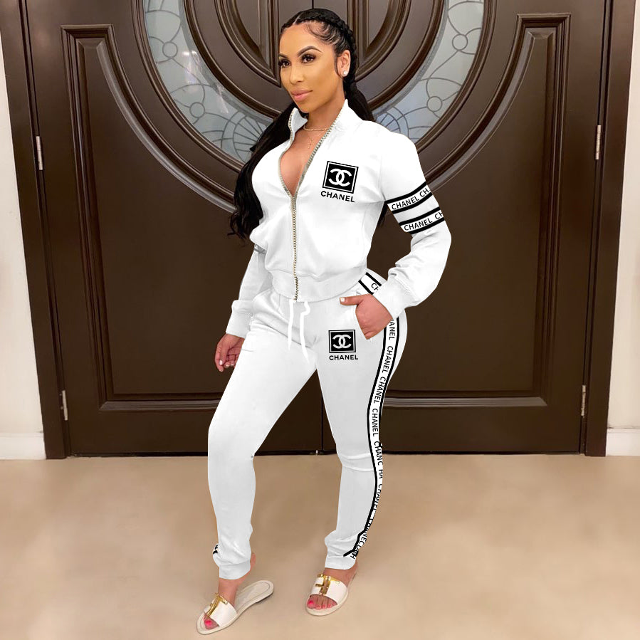 Women's Winter Chic Trendy Print Pants Long Sleeve Zipper Coat Set