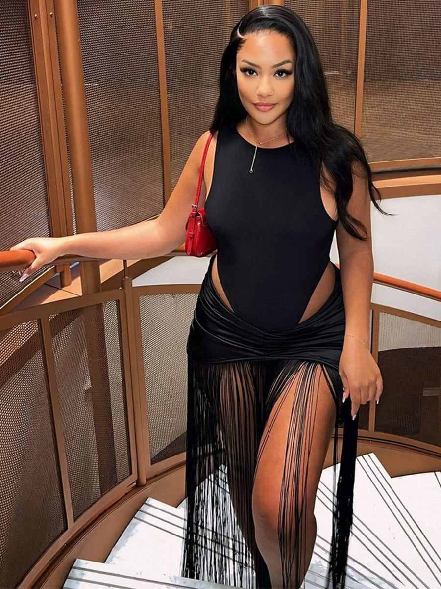Women's Autumn Sleeveless Slim Fit Bodysuit Sexy Fringe Skirt Set 5