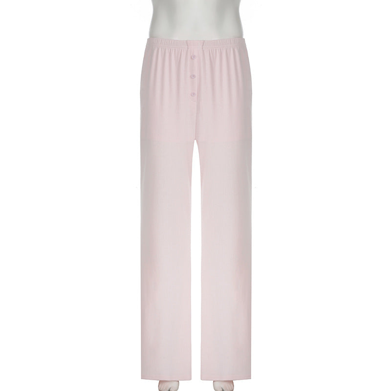 Women solid elastic waist hole material knitting Pant 8