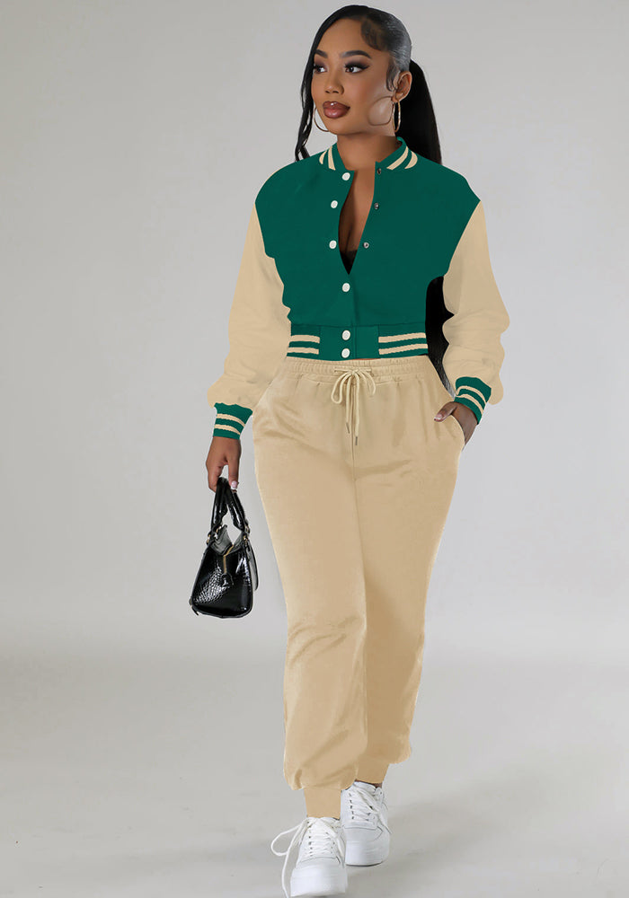 Women's Fashion Contrast Color Baseball Jacket Pants Two-Piece Set
