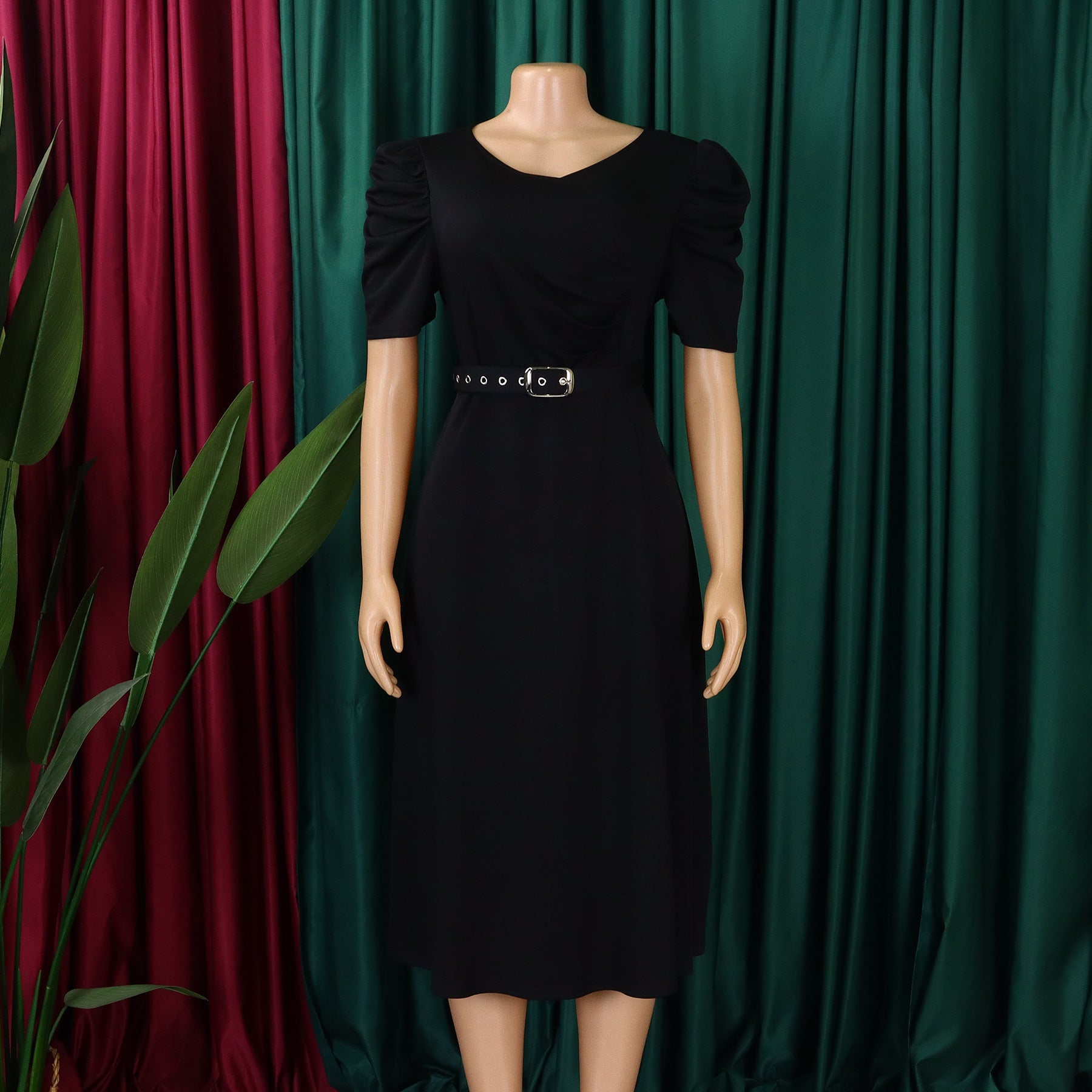 Women's Fashion Pleated Chic Elegant V-neck A-line African Dress 19