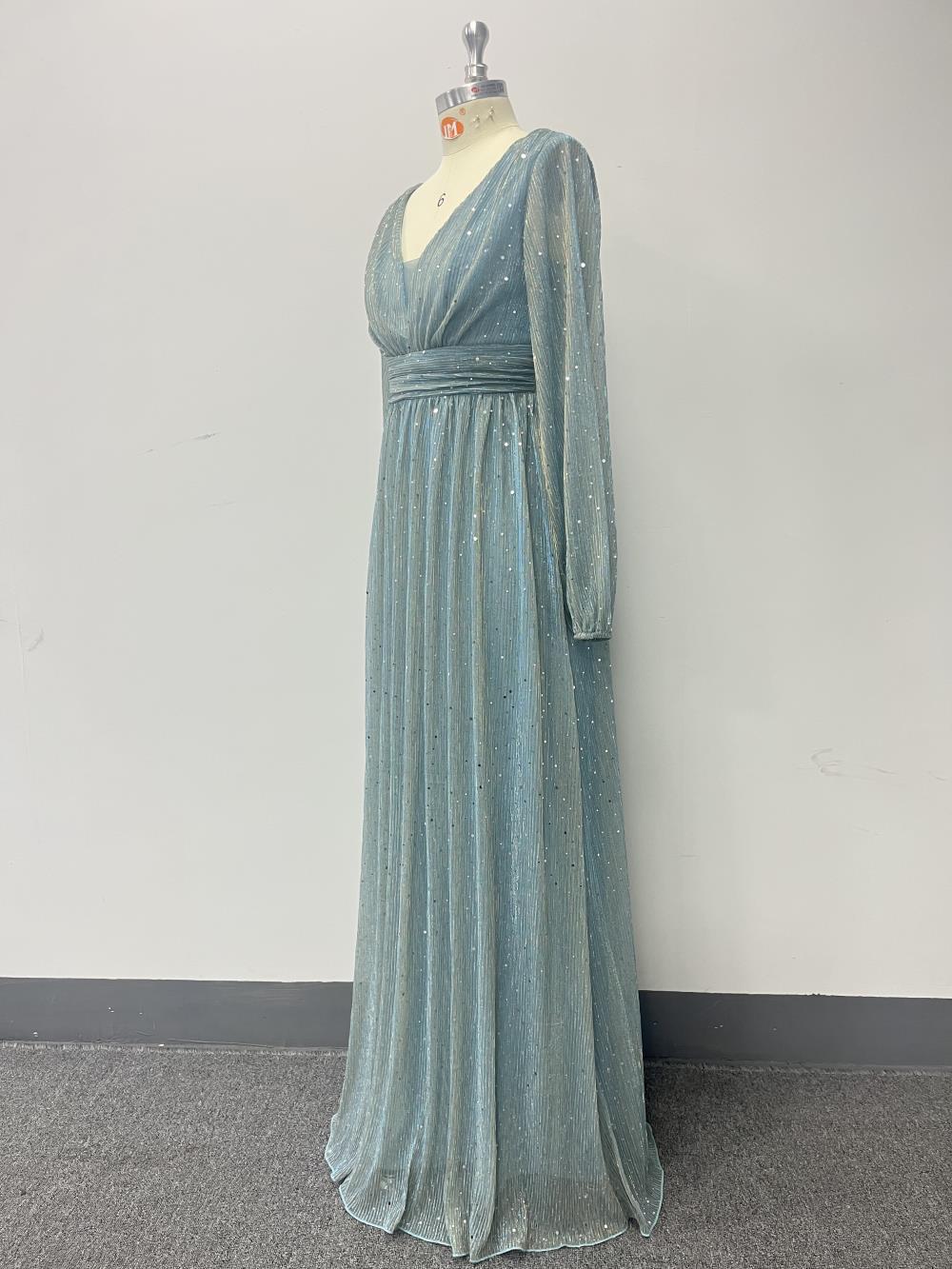 Women's  Glittery Pleated Elastic See-Through Long Sleeve V-Neck Legant Evening Gown 16