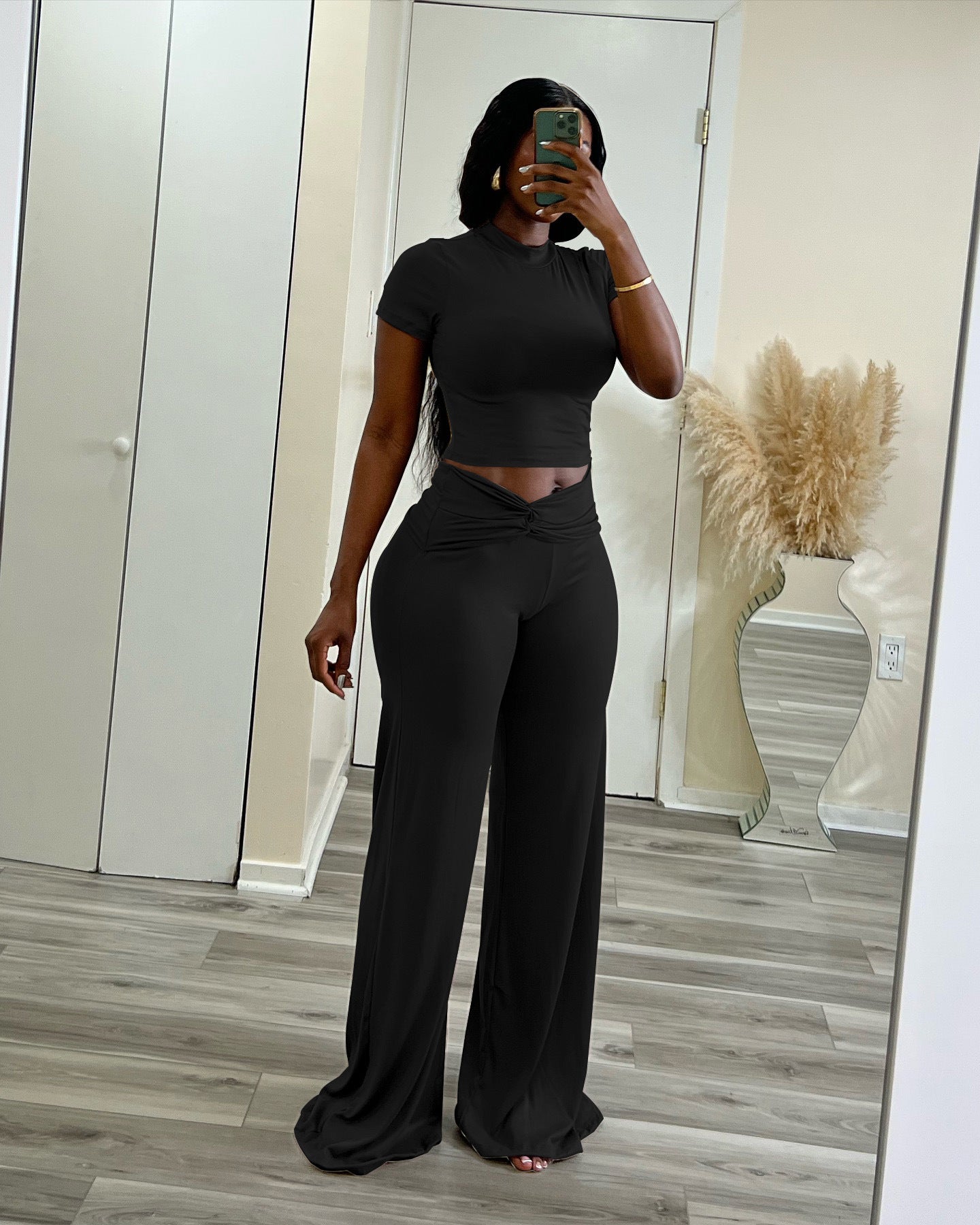 Women Summer Solid Stretch Knot Top and Wide Leg Pants Two-Piece Set 8