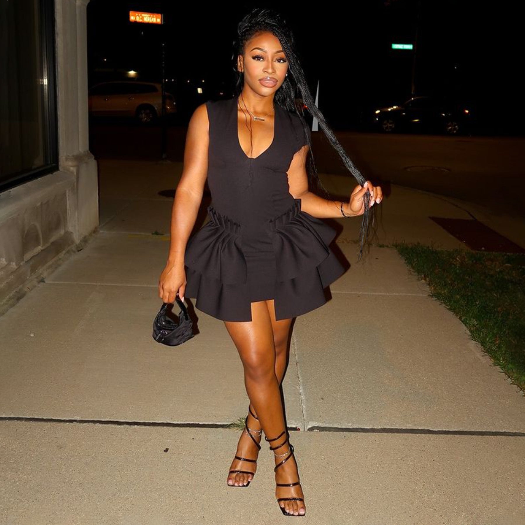 Fashion Women's V-Neck Flounce Hem Short Party Dress