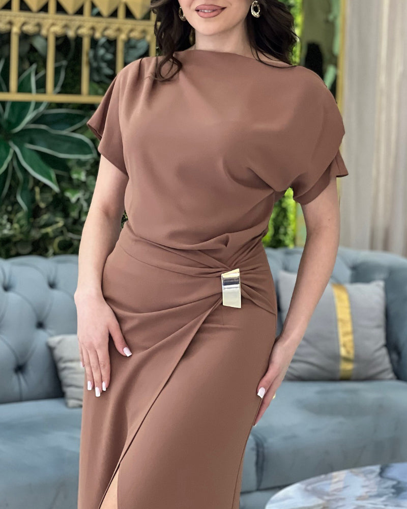 Solid Color Slash Shoulder Lace-Up Patchwork Slit Dress 5