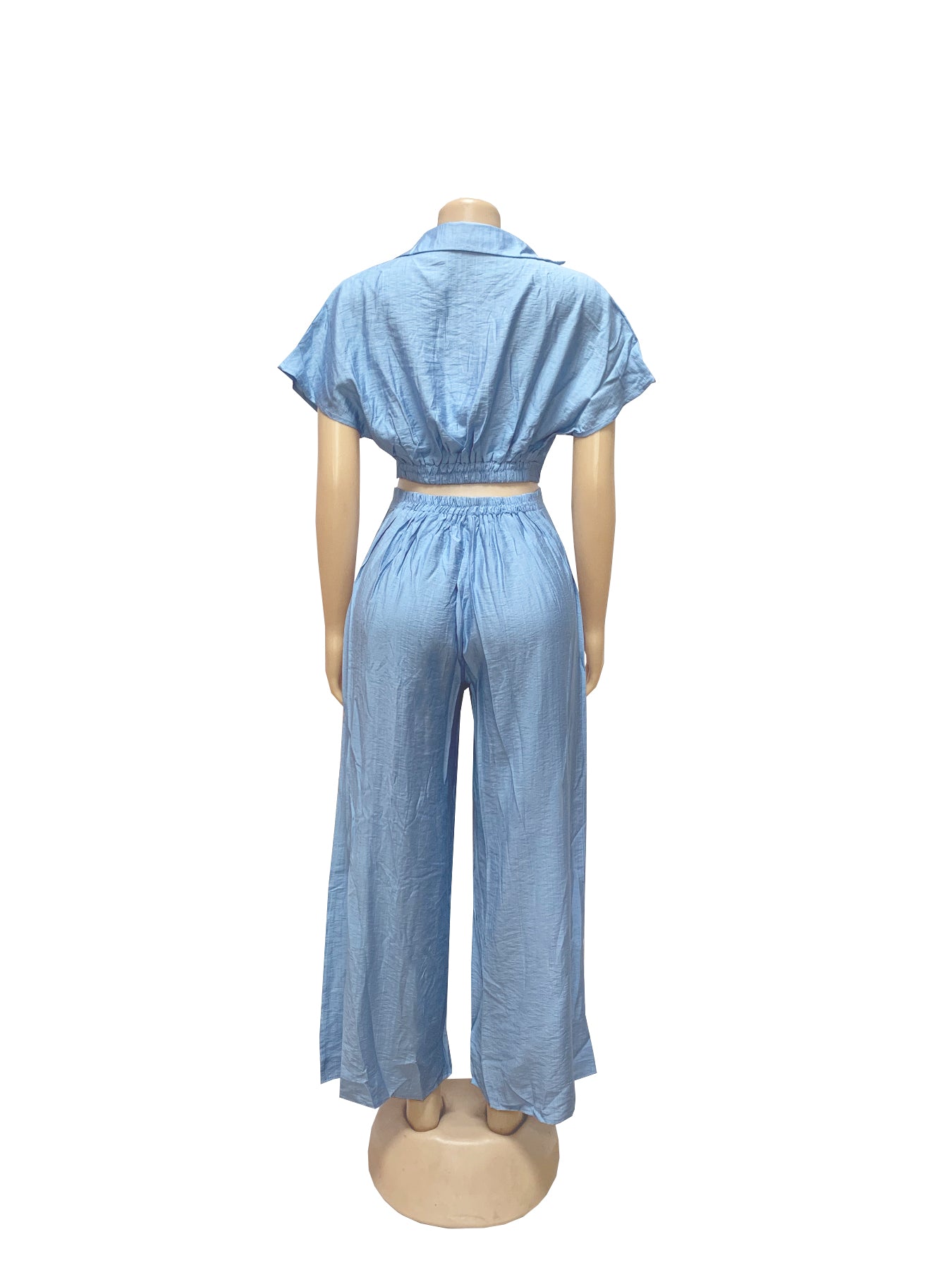 Women Casual Holidays Summer Turndown Collar Short Top & High-Waist Wide-Leg Pants Set 19