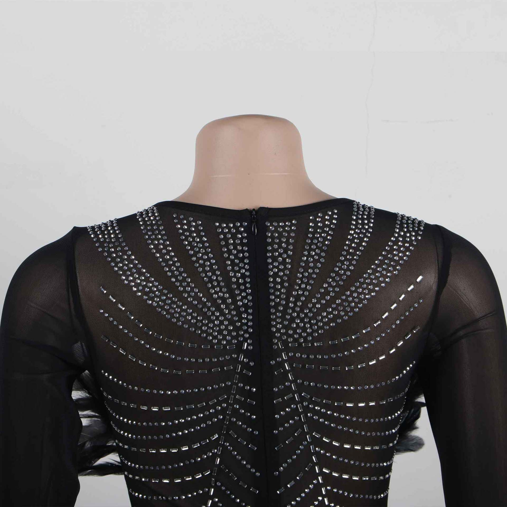 Sexy Feather Beaded See-Through Long Sleeve Patchwork Bodycon Dress 11
