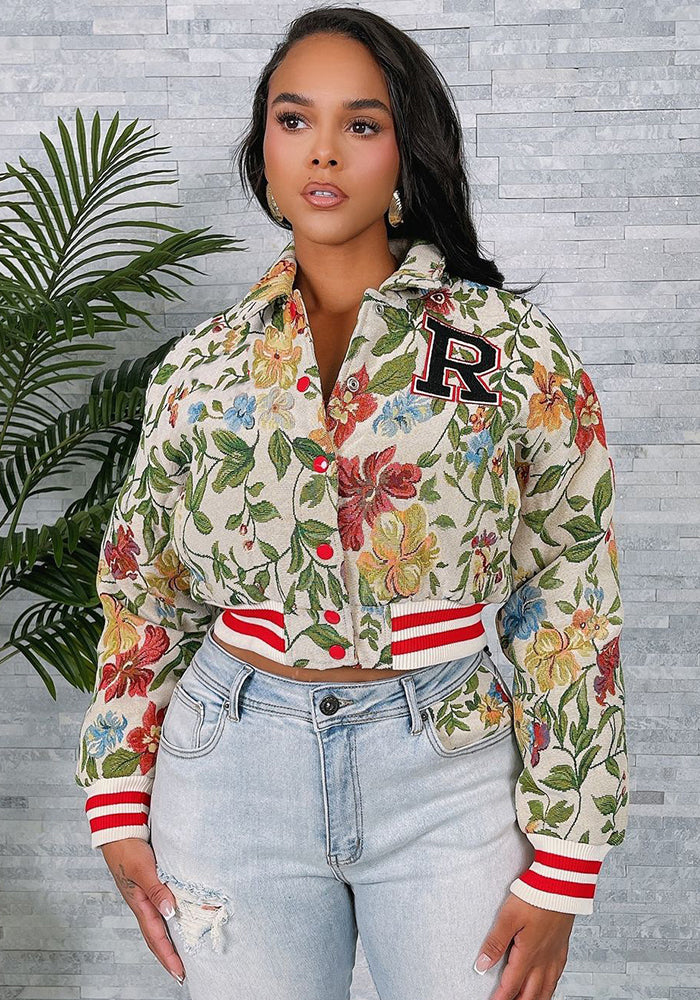 Spring jacquard women's long sleeve turndown collar short jacket