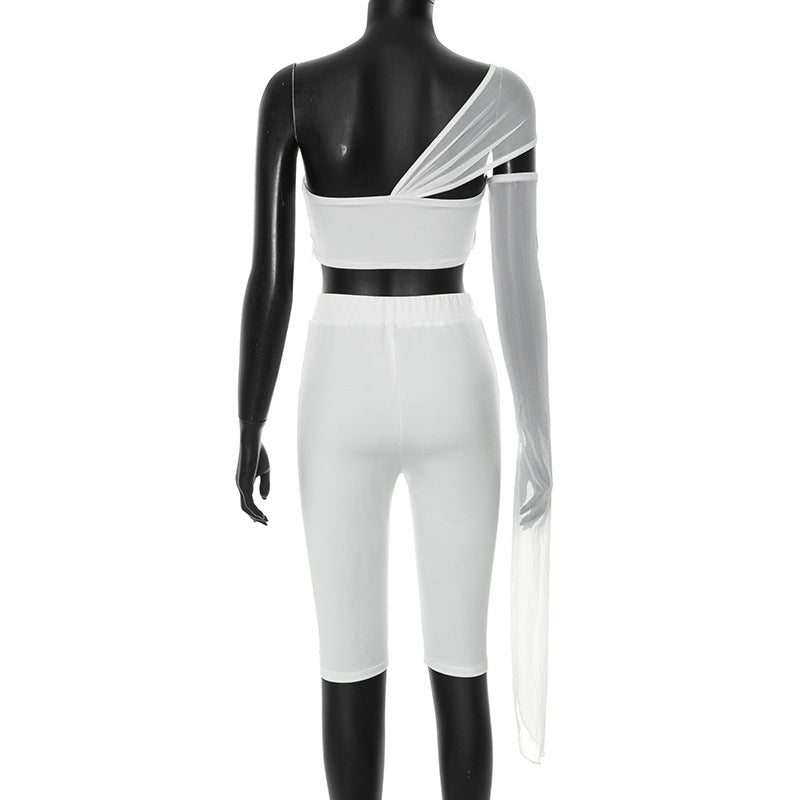 Women's Spring-Summer See-Through Mesh One-Sleeve Slim Tight Two-Piece Shorts Set 15