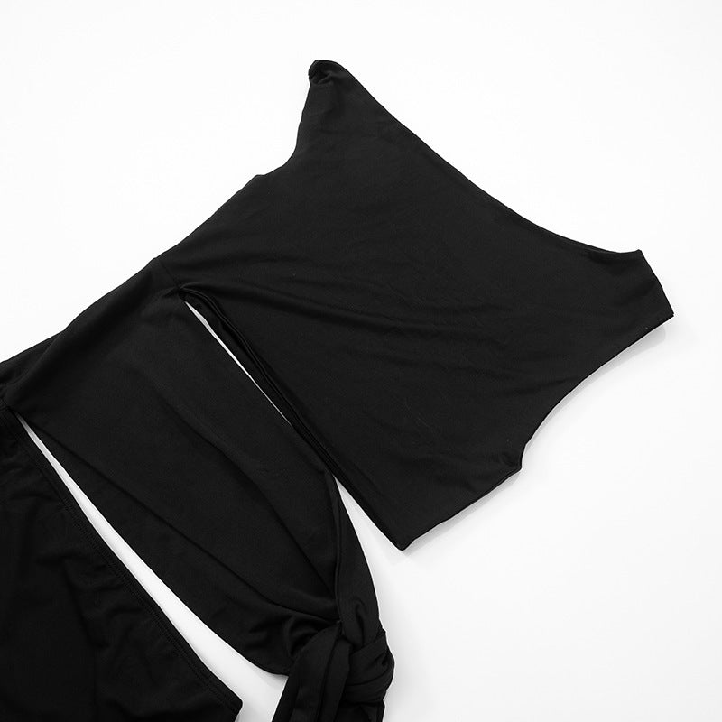 Women Summer Solid Slash Shoulder Off Shoulder Lace Hollow Sexy Bodycon Dress 12