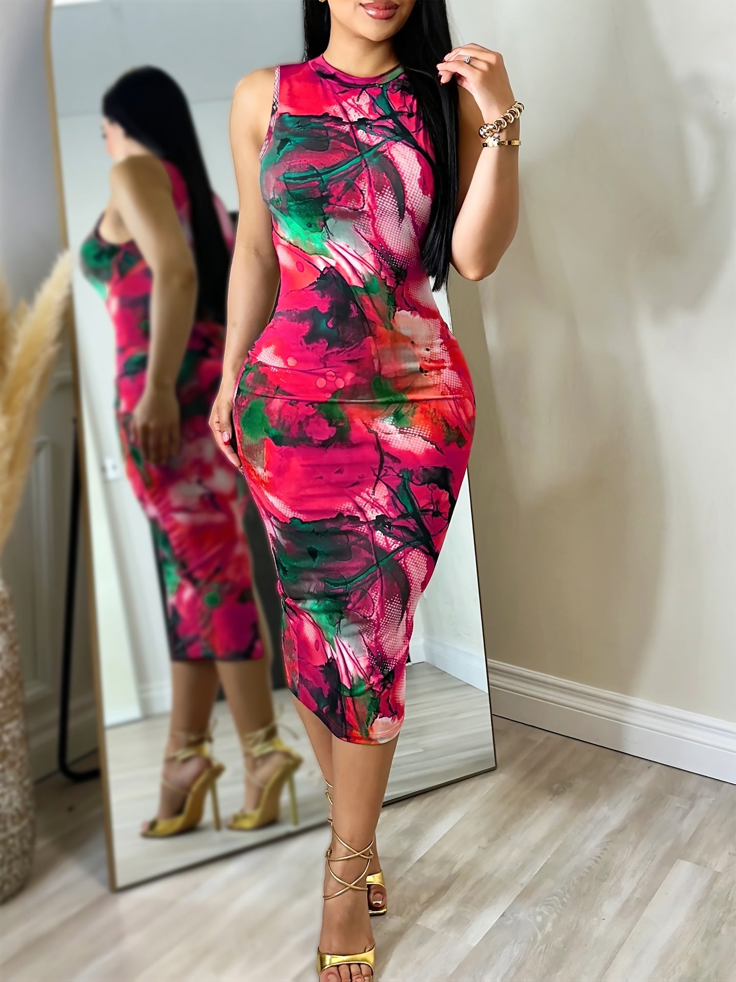 Graffiti Sexy High-Slit Round Neck Sleeveless Dress 6