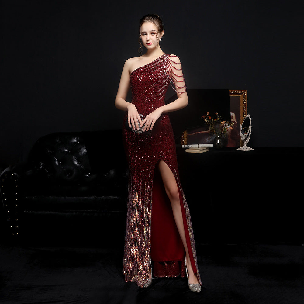 Plus Size Women Elegant Sequin One Shoulder Slit Evening Dress 6