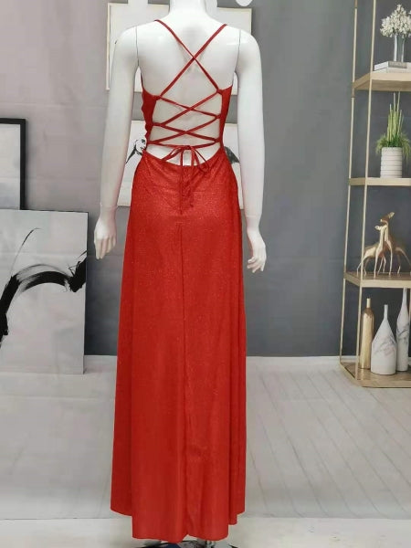 Plus Size Women Suspender V Neck Lace Up Sleeveless Backless Evening Dress 12