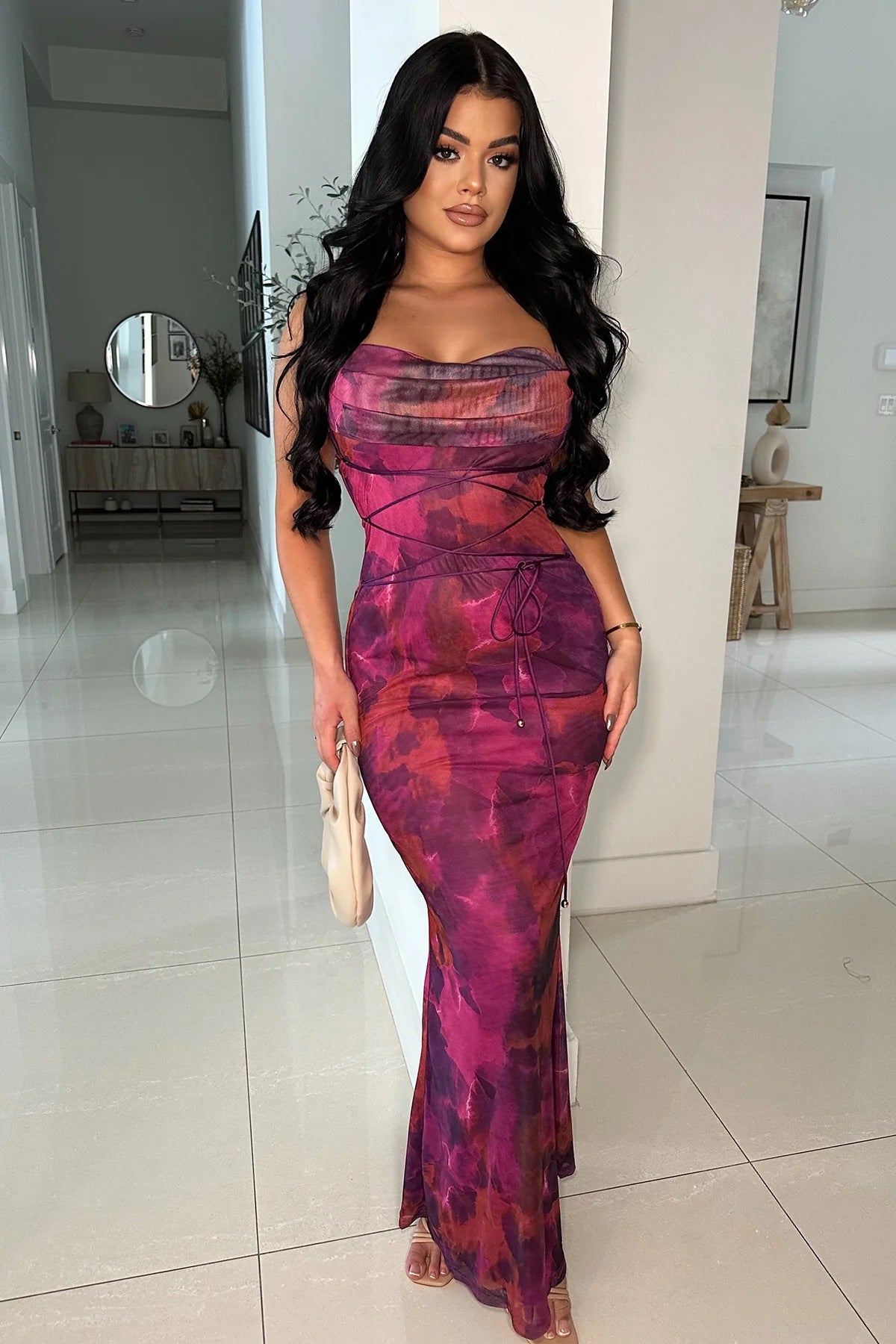 Women Sexy Double Tie-Dye Printed Backless Strap Dress 4