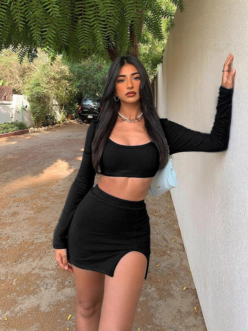 Fashion Women's Rib Long Sleeve Camisole Top Sexy Slit Tight-Fitting Bodycon Short Skirt Set 4