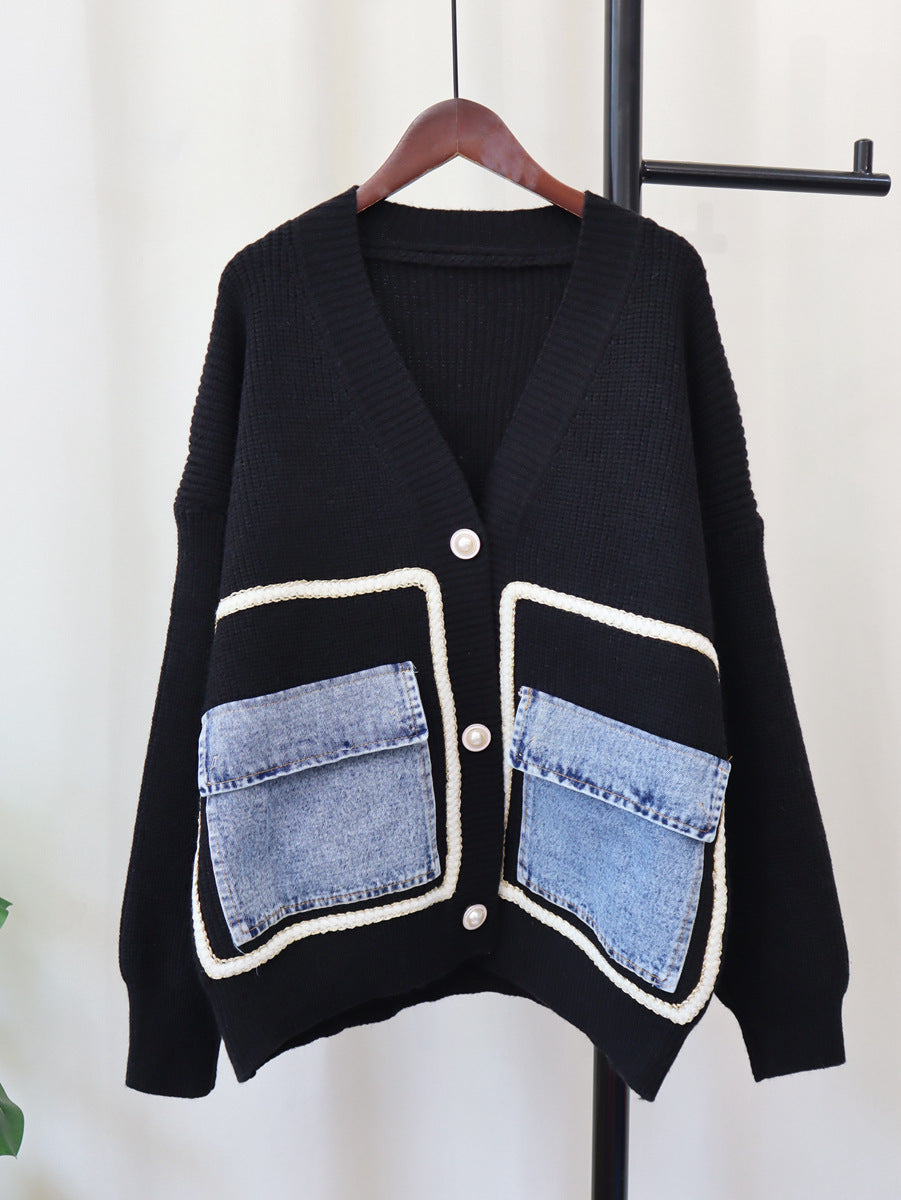 Autumn And Winter Denim Pocket Knitting Cardigan Loose Chic Wool Coat 5