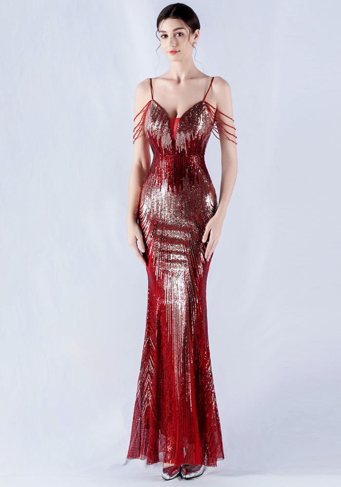 Women sequined beaded evening dress