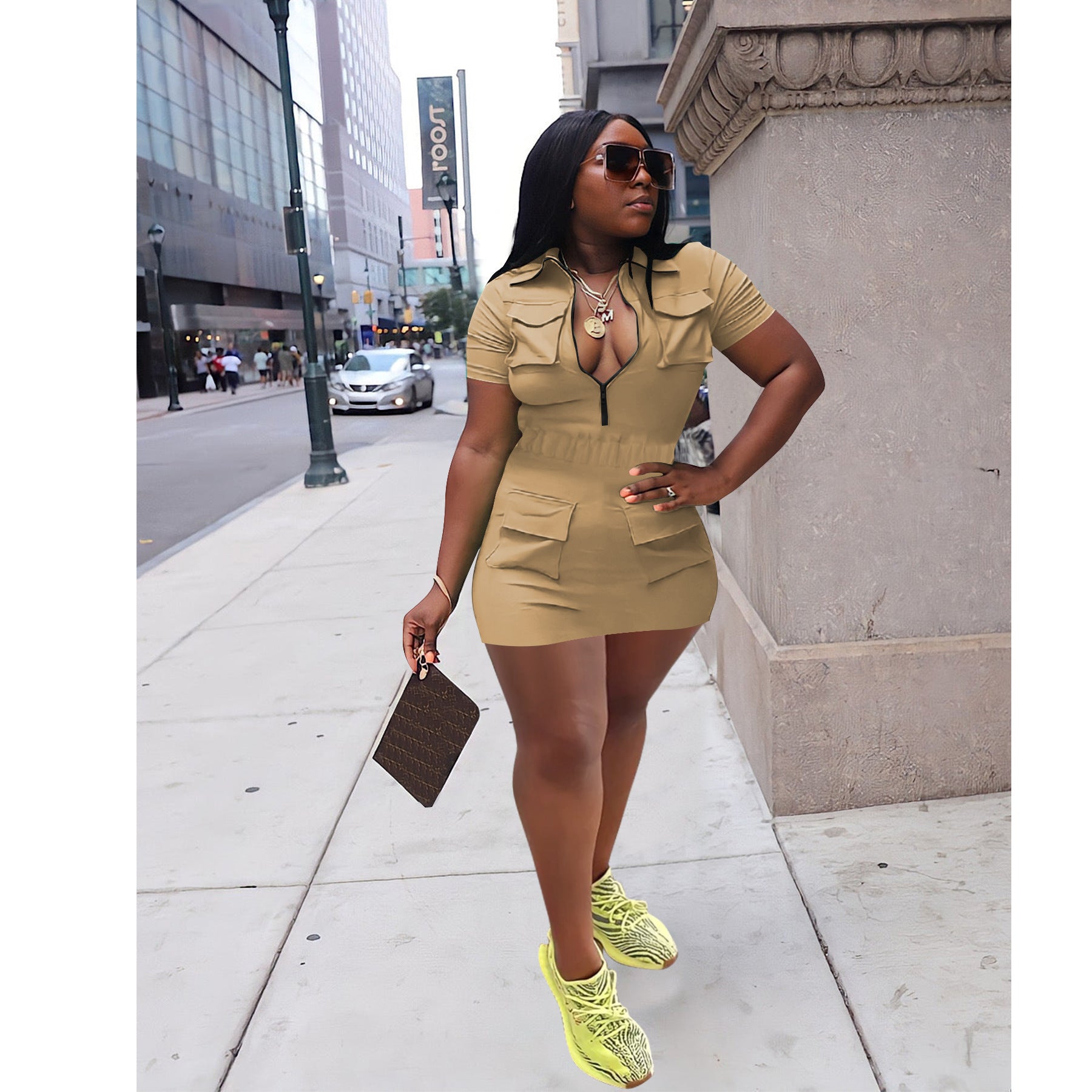 Women's Summer Fashion Zip Pocket Solid Color Dress 5