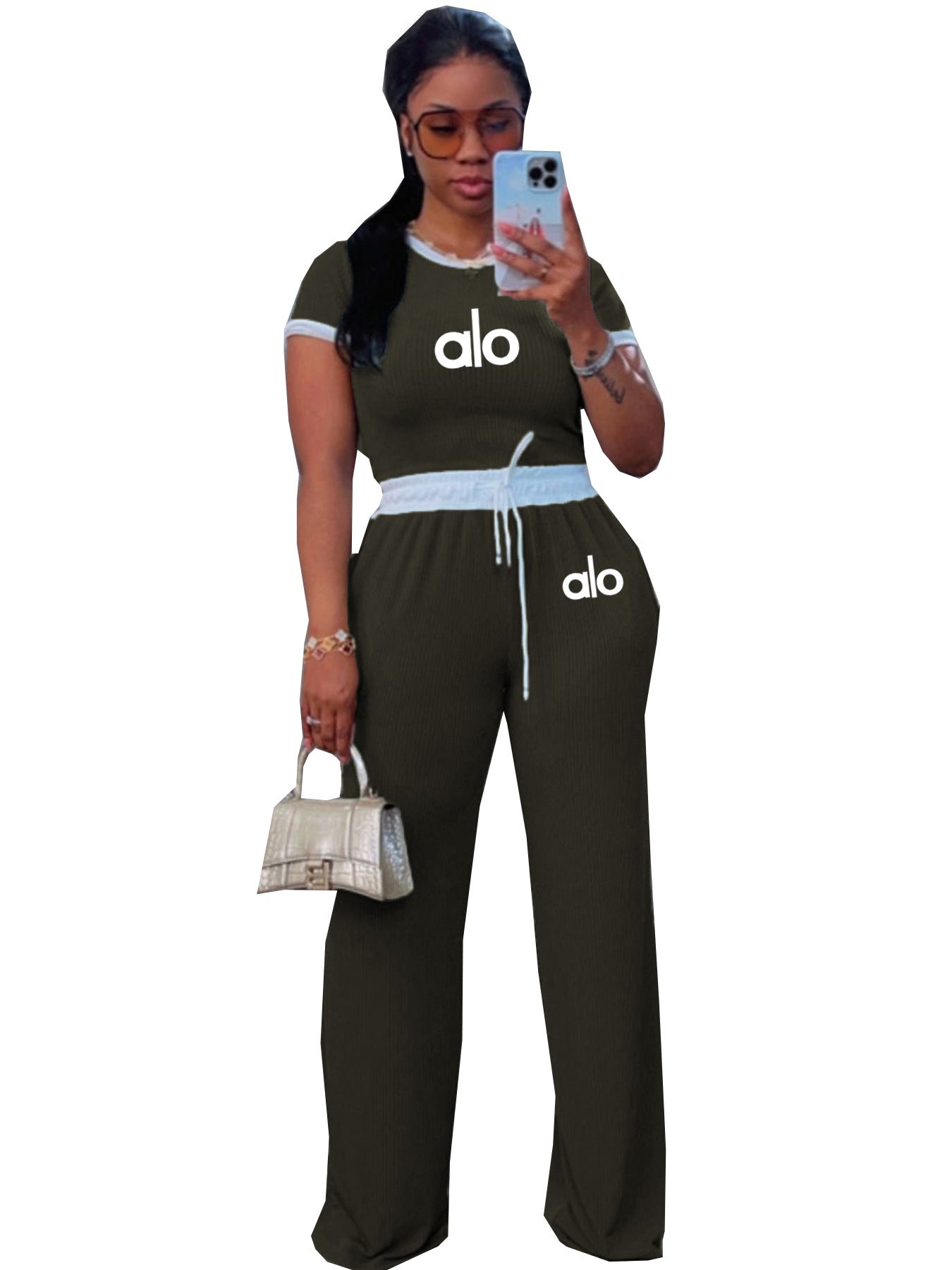 Women's Casual Street Rib Contrast Round Neck Short-Sleeve Two-Piece Pants Set 15