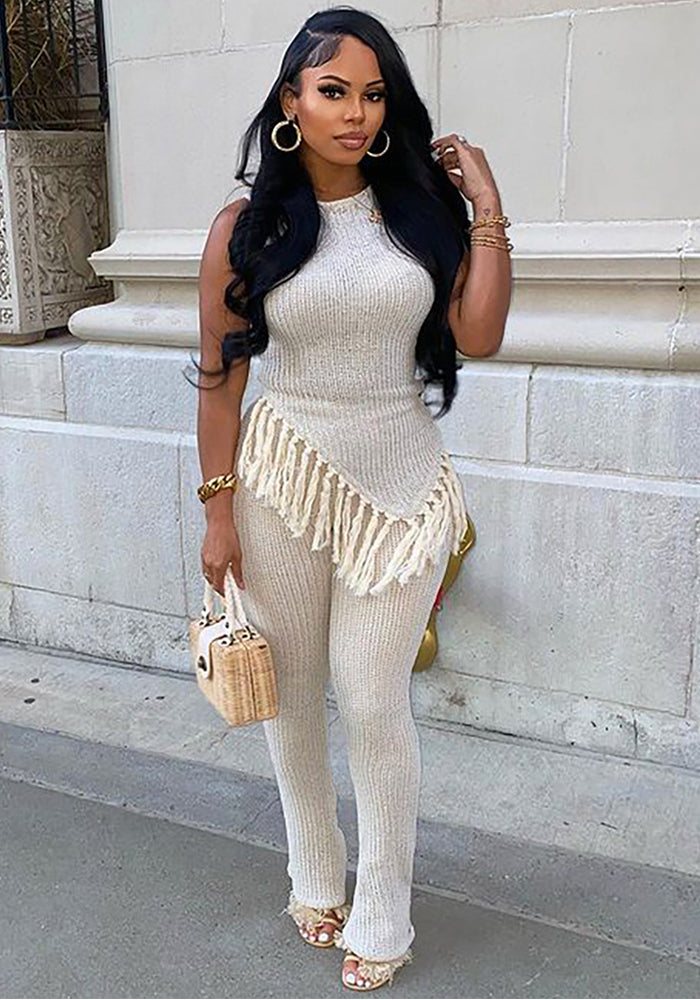 Women's Casual Set Irregular Fringe Sleeveless Tank Top High Waist Pants Set