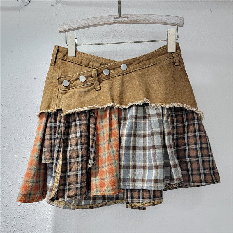 Women American Plaid Patchwork Irregular Denim Skirt 6