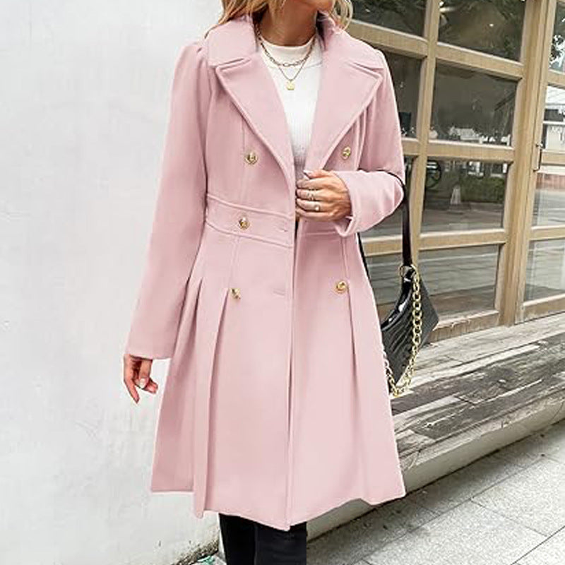 Women Fall and Winter Turndown Collar Double-Breasted Pocket Windbreaker 50