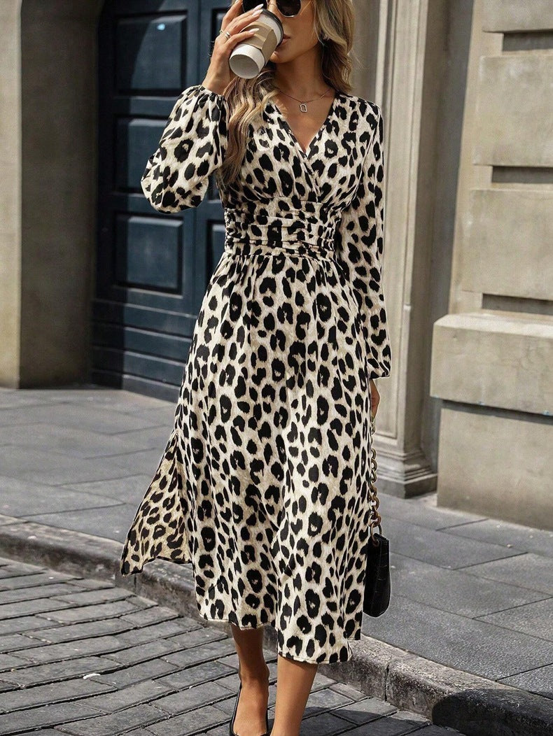 Leopard Print Women Autumn Lantern Sleeve Long Dress 8
