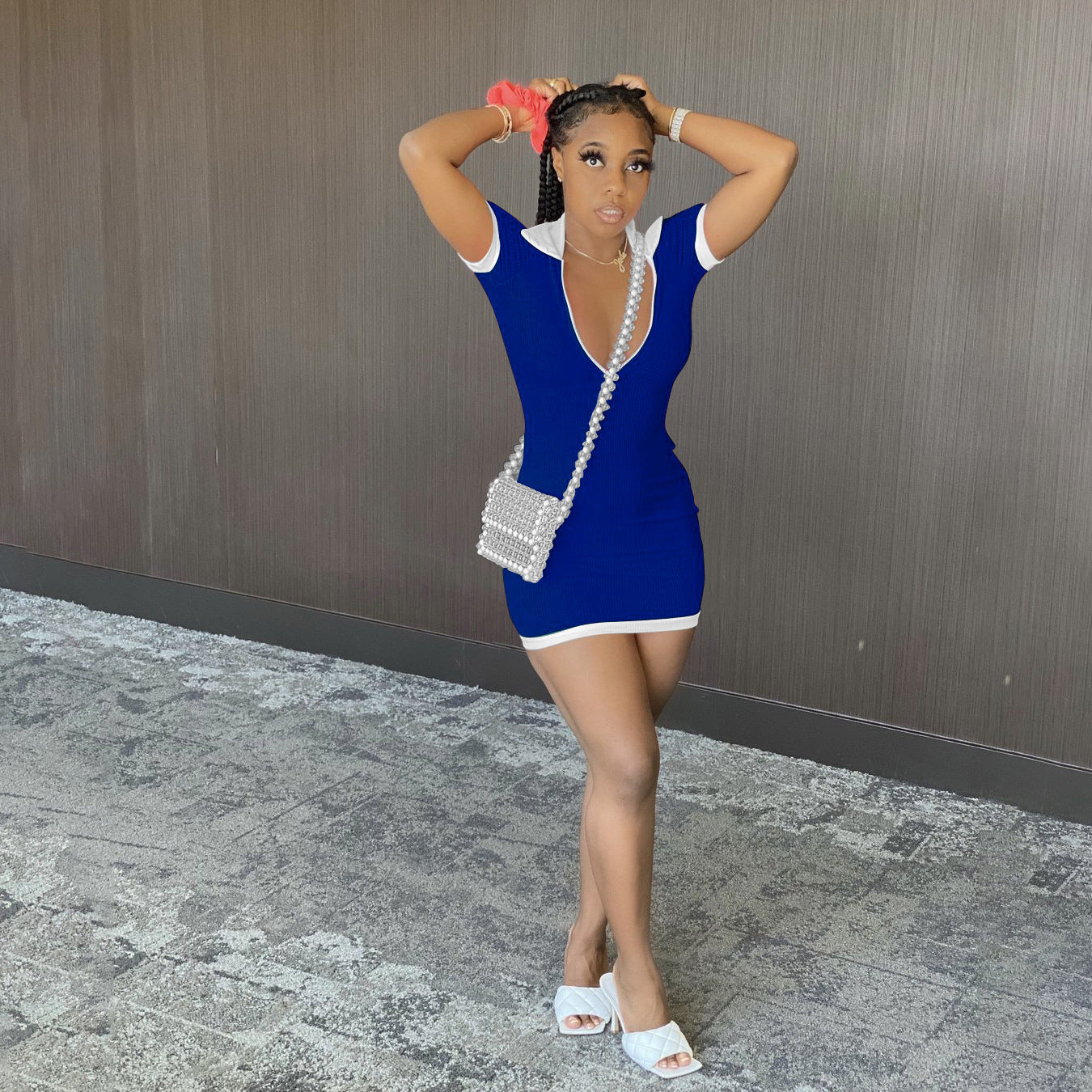 Women Zipper Turndown Collar Ribbed Short Sleeve Dress 4