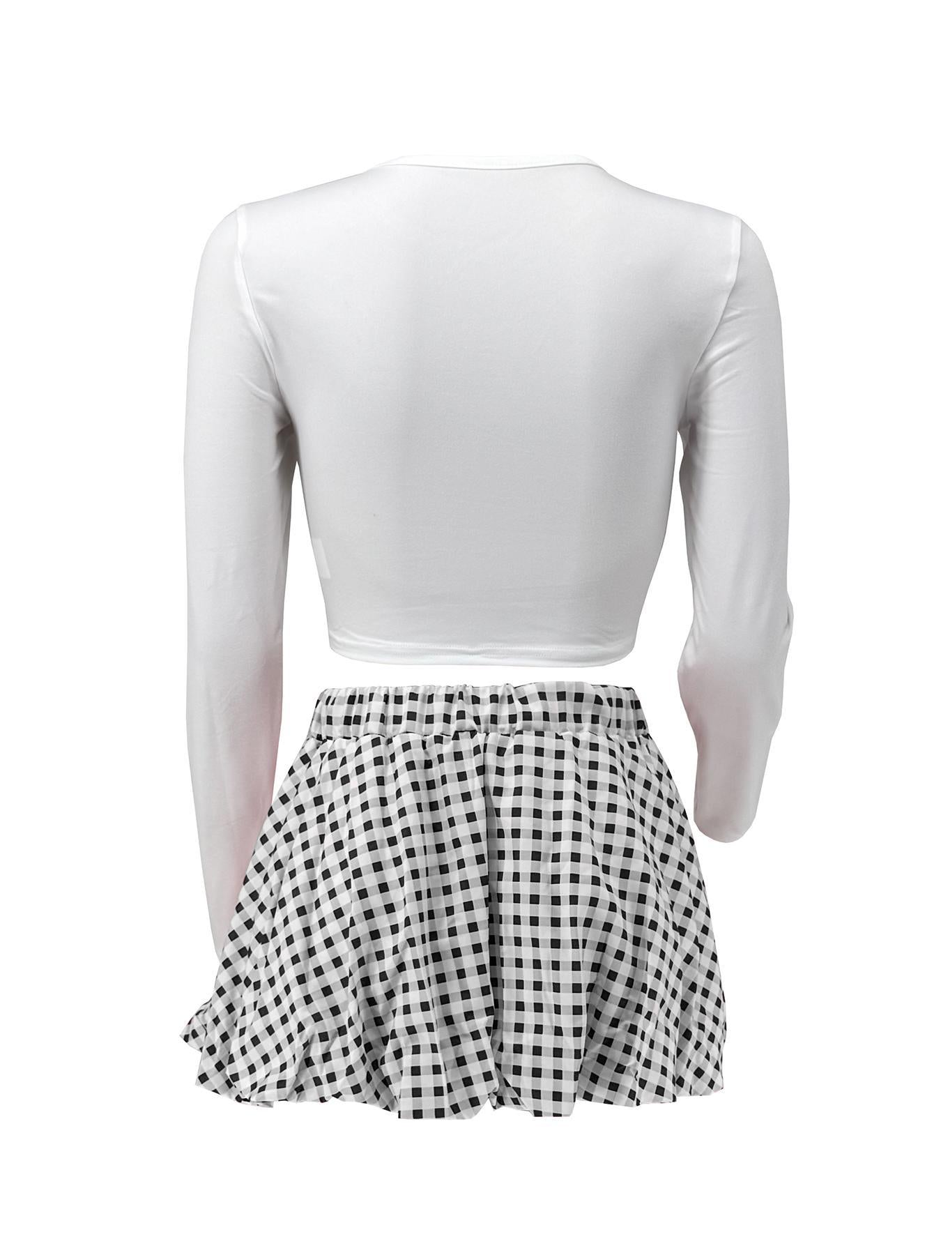 Women Casual Top and Plaid Flower Bud Skirt Two-piece Set 19
