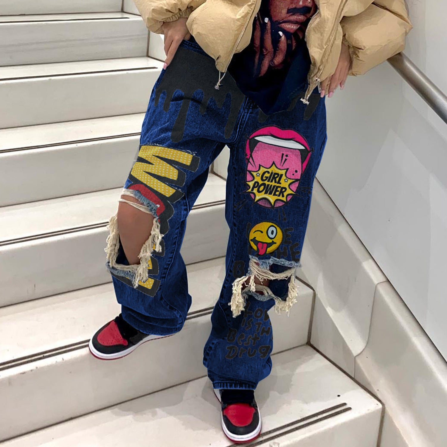 Women Ripped Print Crago Denim Pants 3