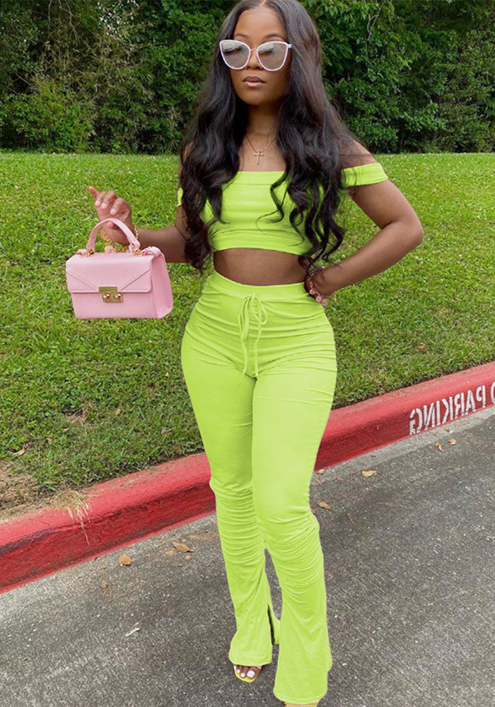 Women's Solid Color Off-Shoulder Casual Two Piece Pants Set