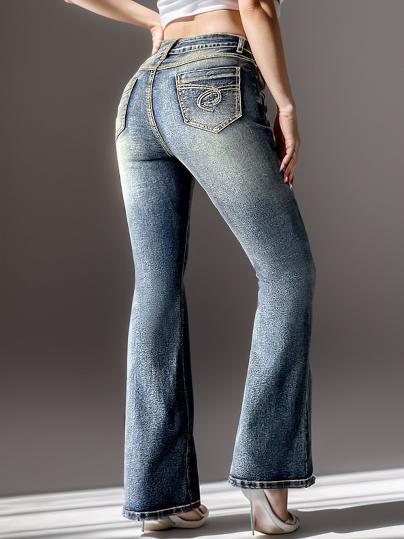 Women Vintage Stretch Pocket Embroidered Bell Bottom Denim Pants 4