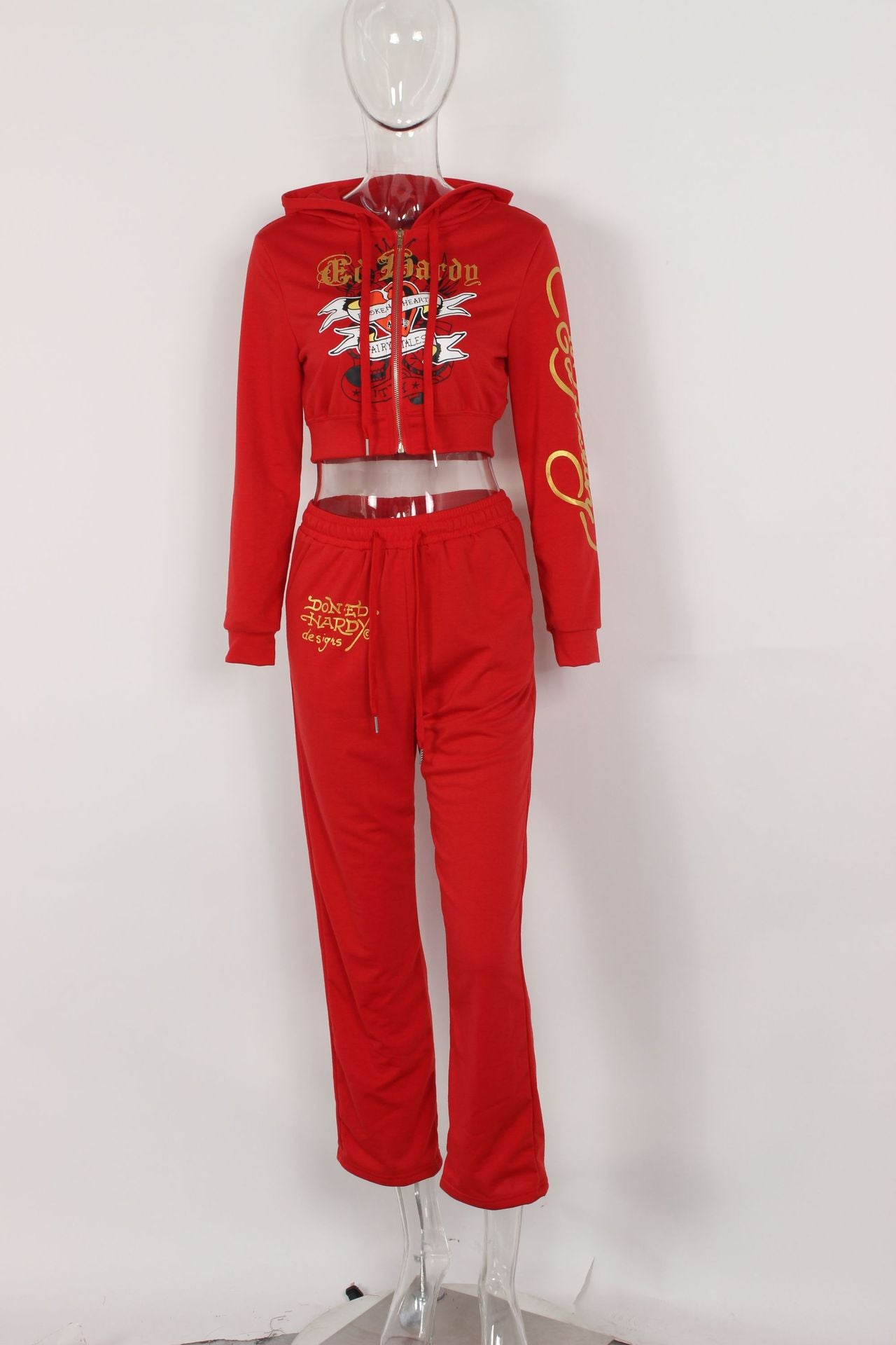 Fashionable street printed zipper short hoodies high waist straight trousers two piece set 18