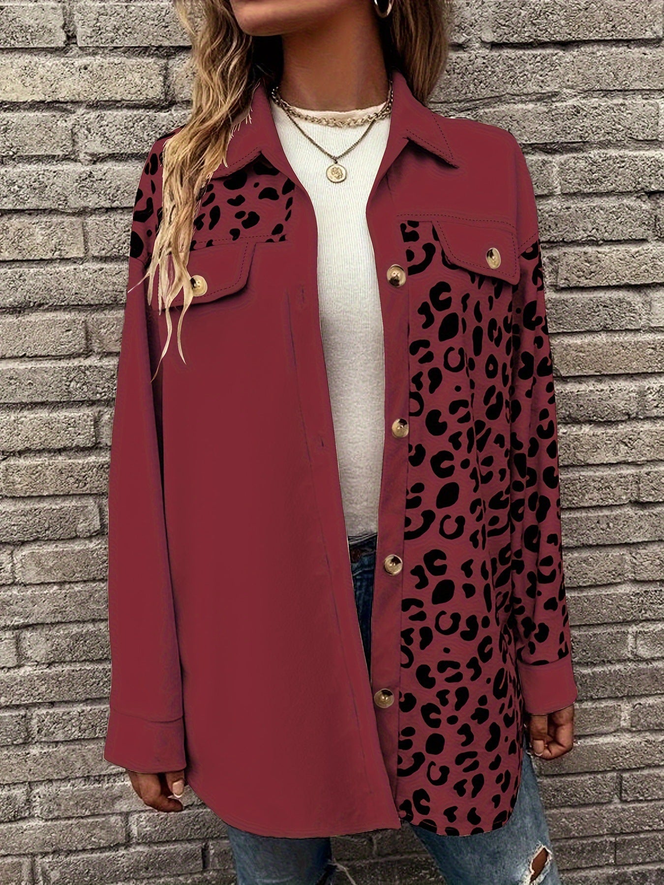 women autumn and winter leopard print single breasted long sleeve casual shirt coat 6