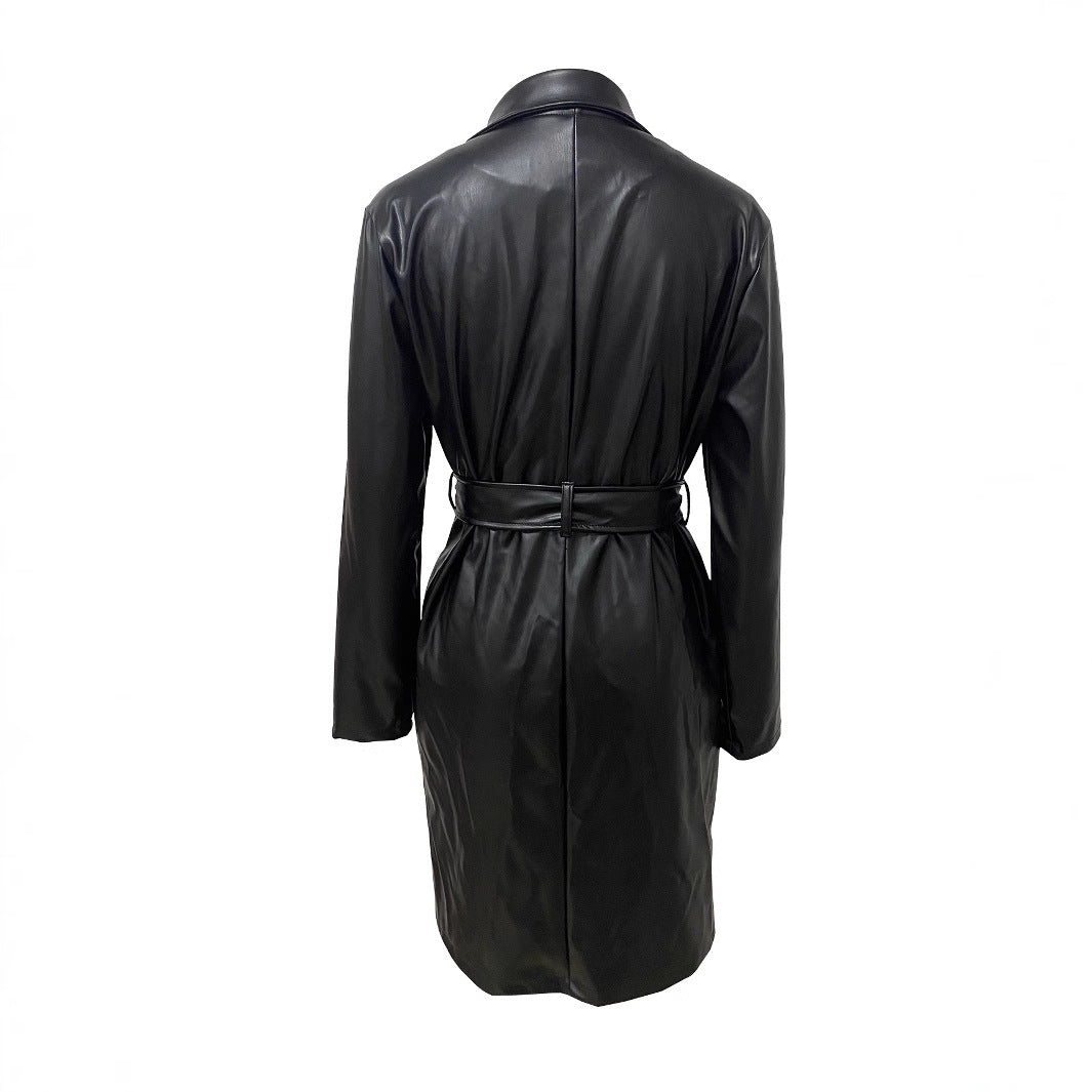 Women Turndown Collar button Pu-Leather jacket 5