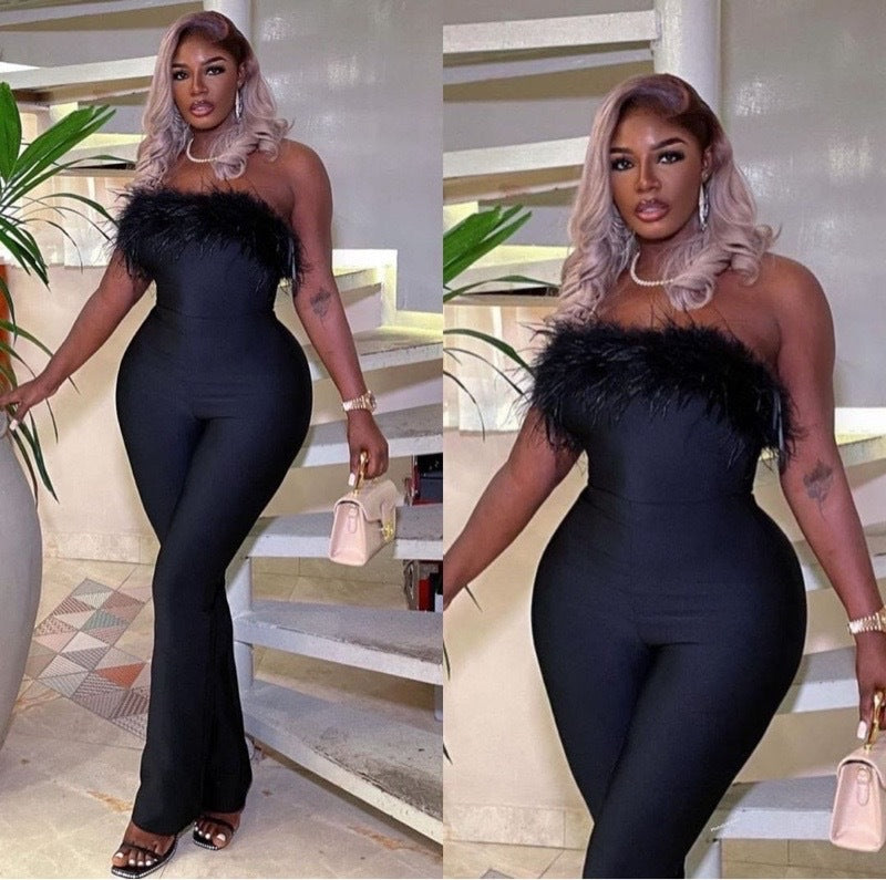 Women Off-shoulder Strapless Patchwork Feather Wide-leg Jumpsuit 3