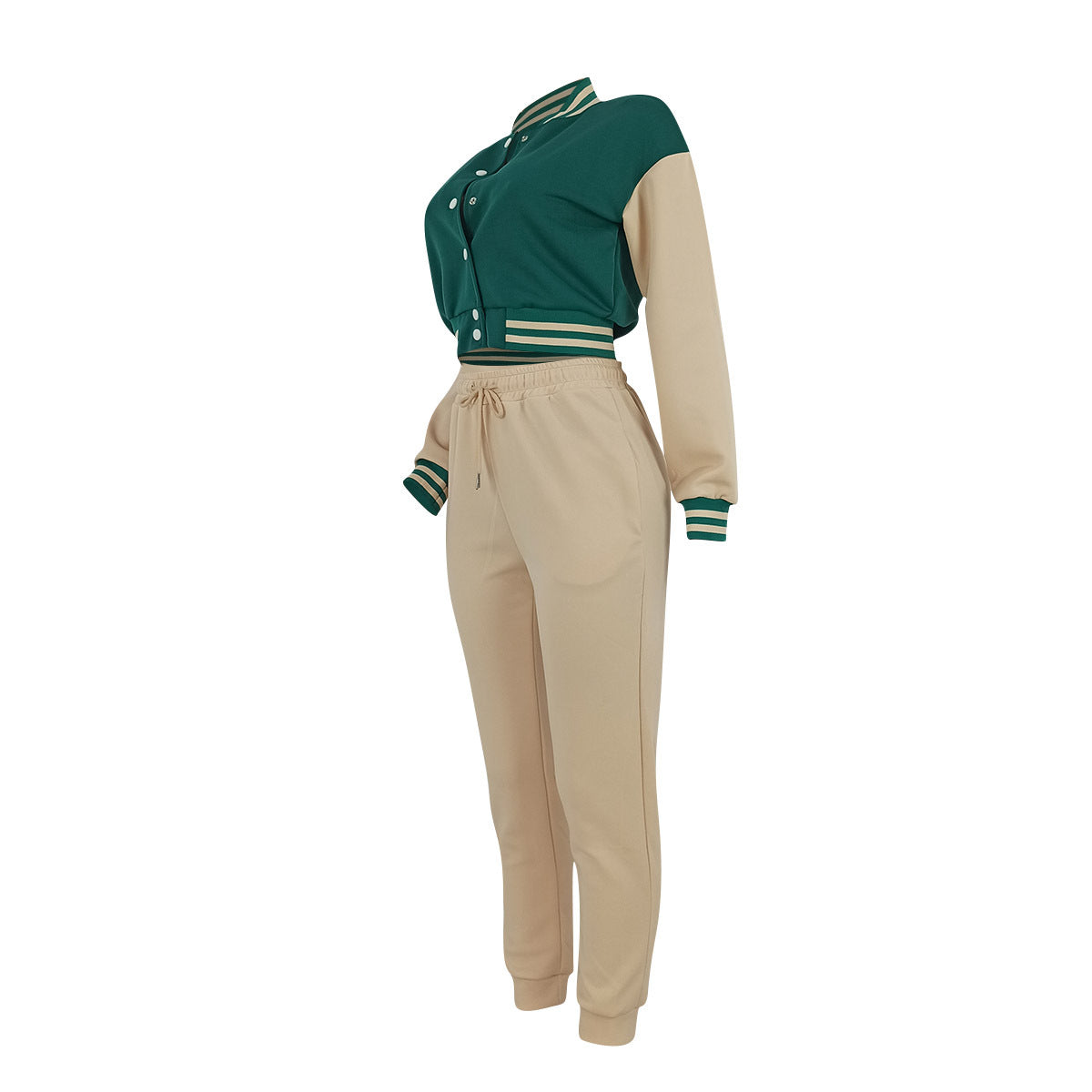 Women's Fashion Contrast Color Baseball Jacket Pants Two-Piece Set 7