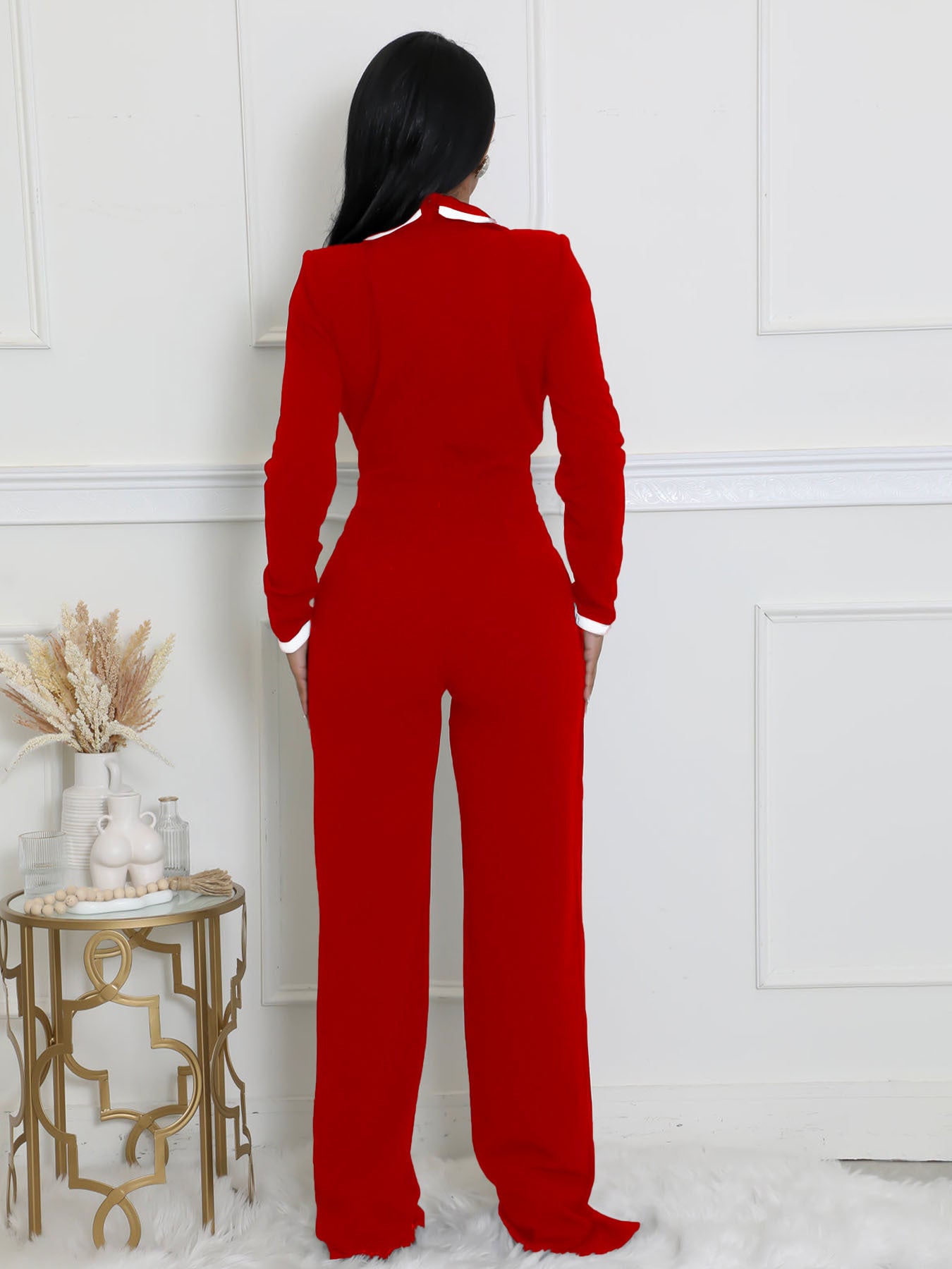 Women autumn and winter belt contrast color long-sleeved Jumpsuit 10